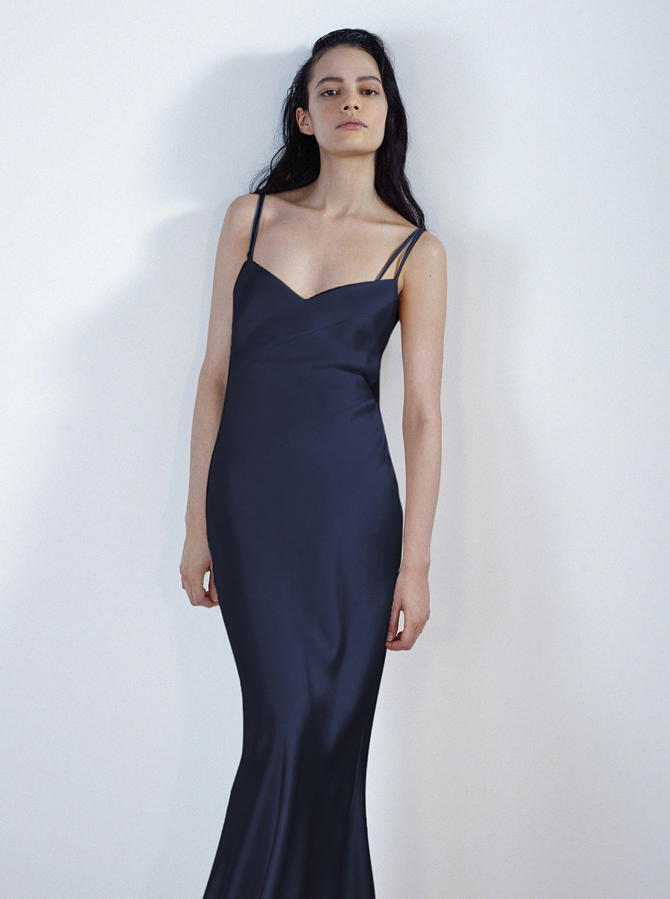 Navy blue silk slip dress best sale