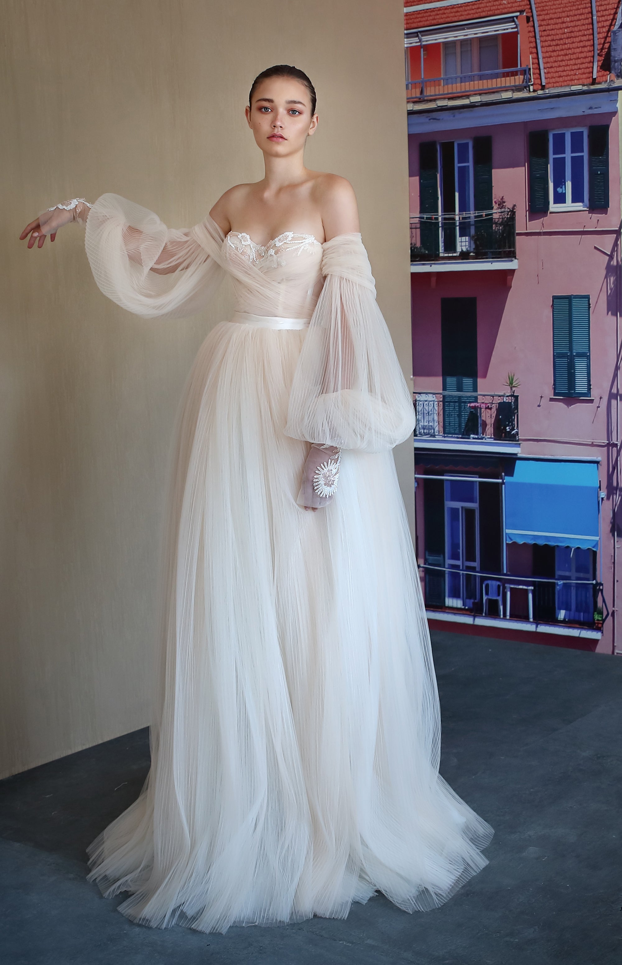 Blush tulle wedding dress hotsell